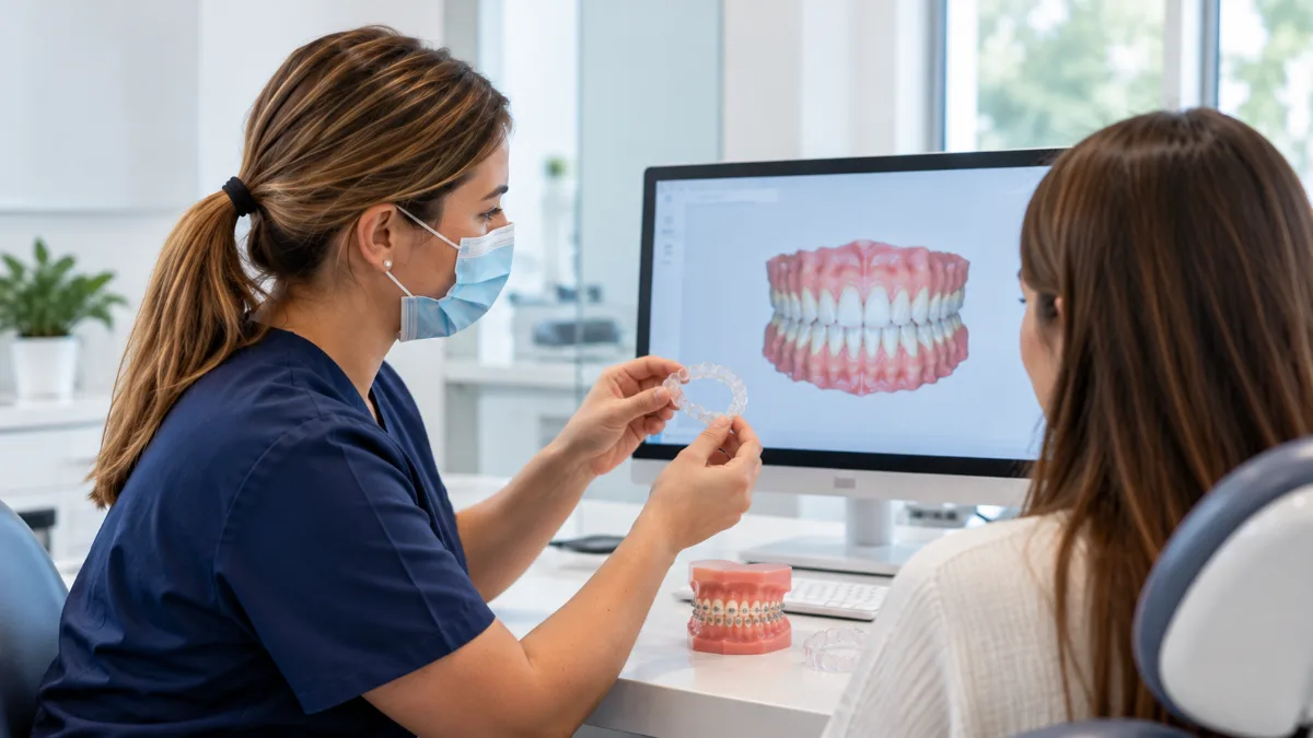 Ortodoncista mostrando un alineador transparente y un modelo con brackets a una paciente