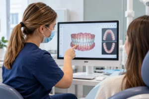 Ortodoncista mostrando a una paciente el escaneo digital de sus dientes antes de elegir el tratamiento de ortodoncia